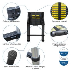 Hoström Echelle telescopique 3,8m TELESCOO13, Garantie 5 ans, Hostrom Kobleo