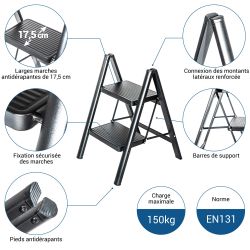 Hoström Escabeau 2 marches FOLDPACT2, Garantie 5 ans, Hostrom Kobleo