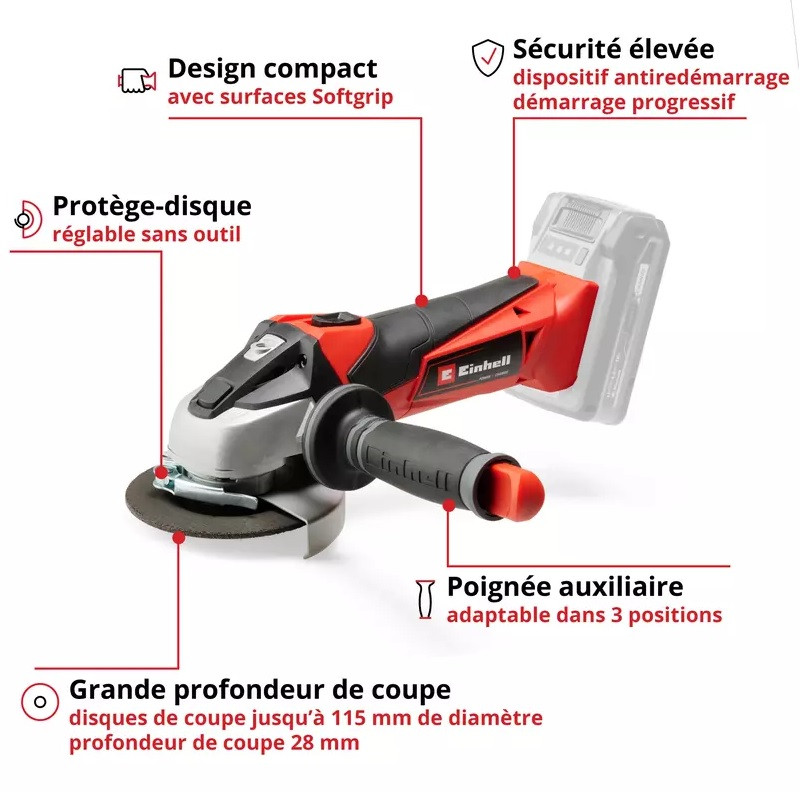 Einhell Meuleuse d'angle 18V 115mm sans batterie TE-AG18/115Li-Solo Einhell Kobleo Einhell Meuleuse d'angle 18V 115mm sans batterie TE-AG18/115Li-Solo Einhell Kobleo