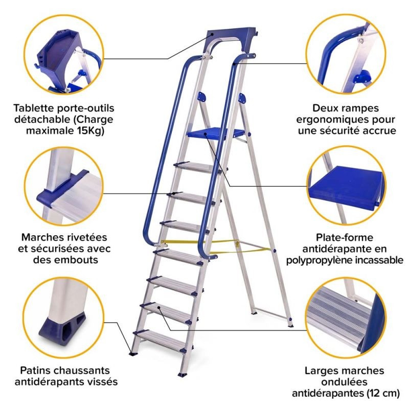 Hoström Escabeau 8 marches SECURE pro alu sécurisé plateforme 182cm Hostrom Kobleo Hoström Escabeau 8 marches SECURE pro alu sécurisé plateforme 182cm Hostrom Kobleo