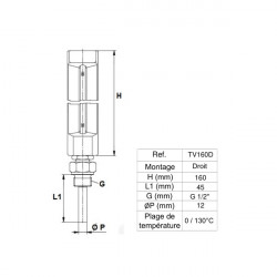 Thermador Thermomètre vertical droit Thermador TV160D laiton 160mm plongeur 45mm Kobleo