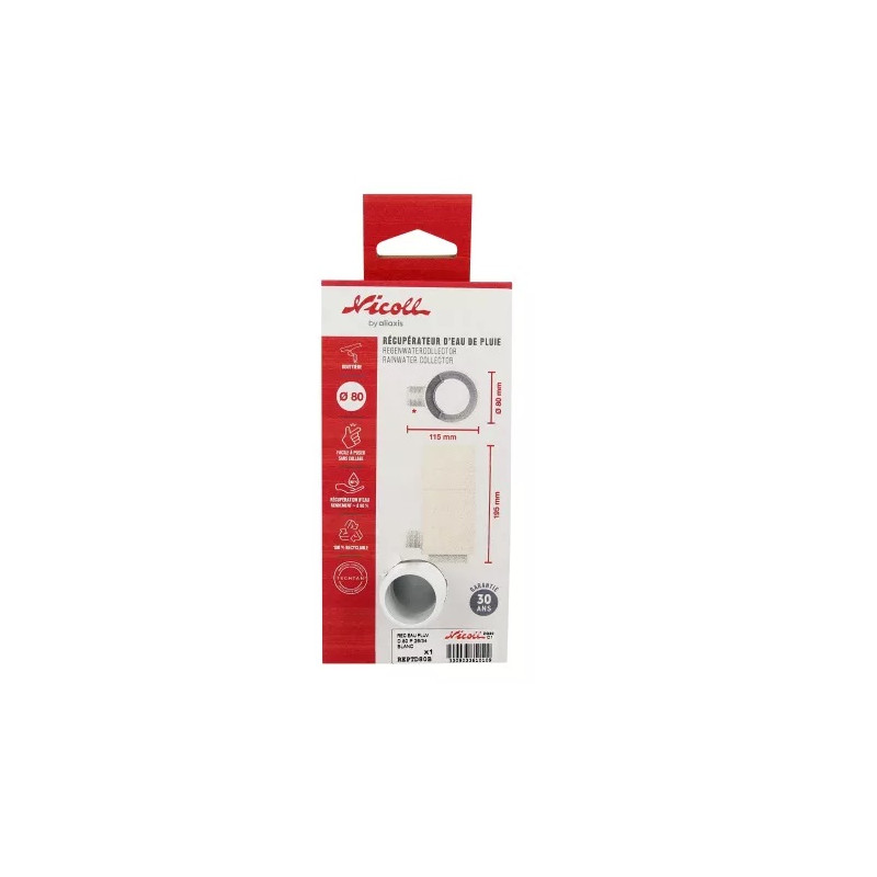 Nicoll Récupérateur d'eau pluviale Nicoll REPTD80B pour gouttière D80mm blanc Kobleo Nicoll Récupérateur d'eau pluviale Nicoll REPTD80B pour gouttière D80mm blanc Kobleo