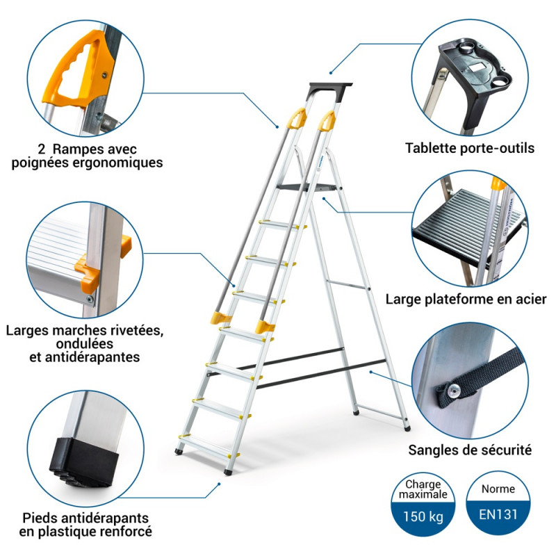 Escabeau 8 marches DURAMP alu pliable sécurisé plateforme 162cm Hostrom