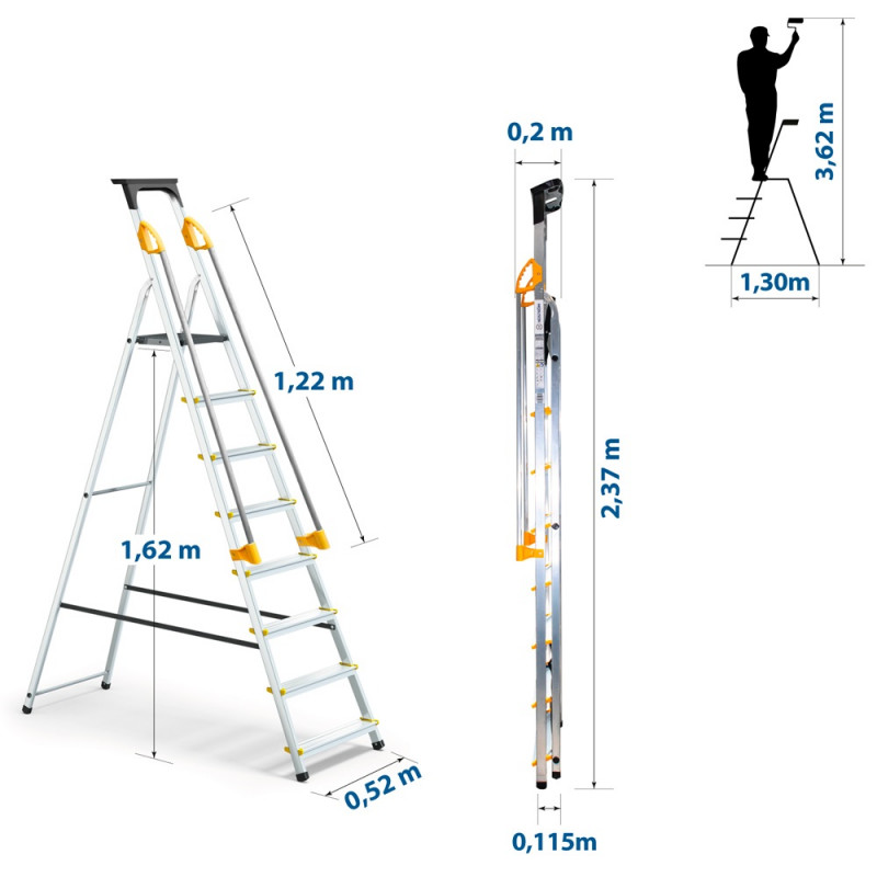 Escabeau 8 marches DURAMP alu pliable sécurisé plateforme 162cm Hostrom