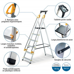Hoström Escabeau 6 marches DURAMP alu pliable sécurisé plateforme 119cm Hostrom Kobleo