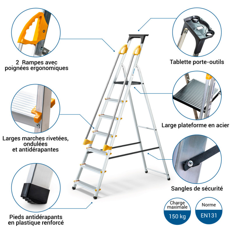 Escabeau 7 marches DURAMP alu pliable sécurisé plateforme 140cm Hostrom