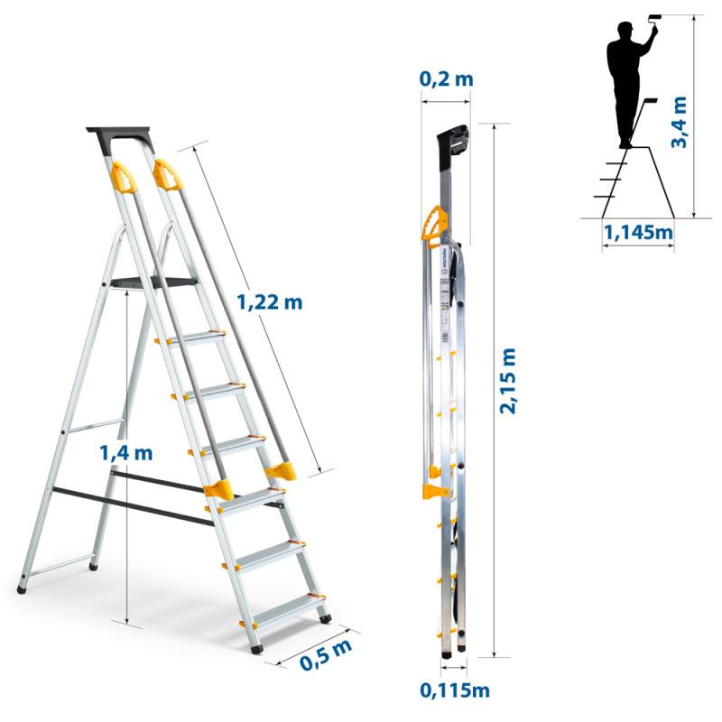 Escabeau 7 marches DURAMP alu pliable sécurisé plateforme 140cm Hostrom