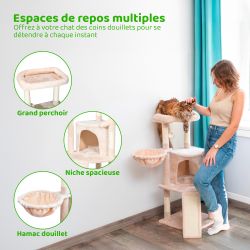 Paitsy Arbre a chat beige H 106cm, Perchoir Niche Hamac Griffoir, PAITSY Kobleo