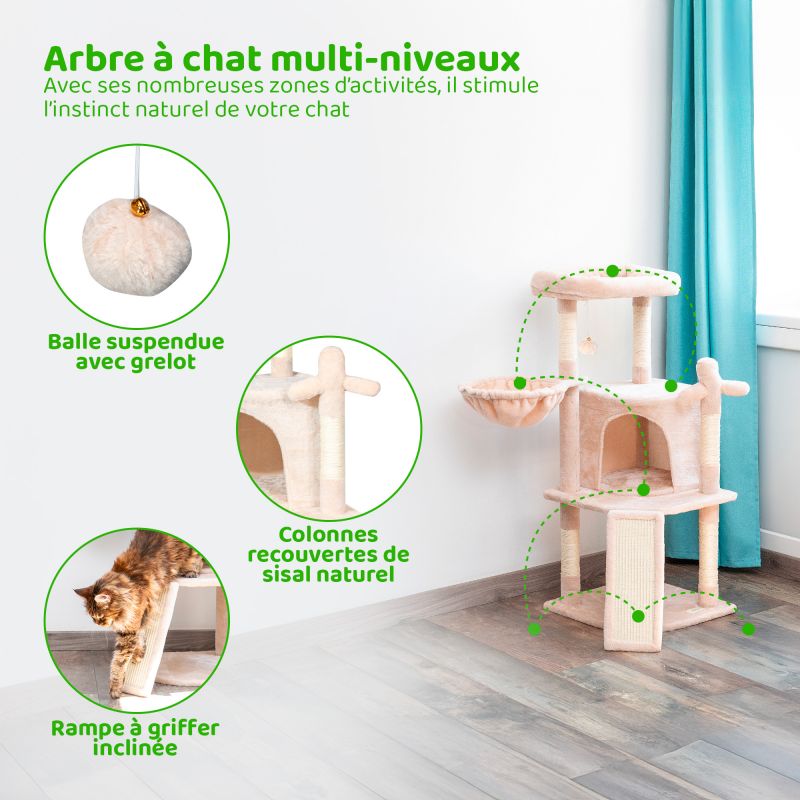 Paitsy Arbre a chat beige H 106cm, Perchoir Niche Hamac Griffoir, PAITSY Kobleo Paitsy Arbre a chat beige H 106cm, Perchoir Niche Hamac Griffoir, PAITSY Kobleo