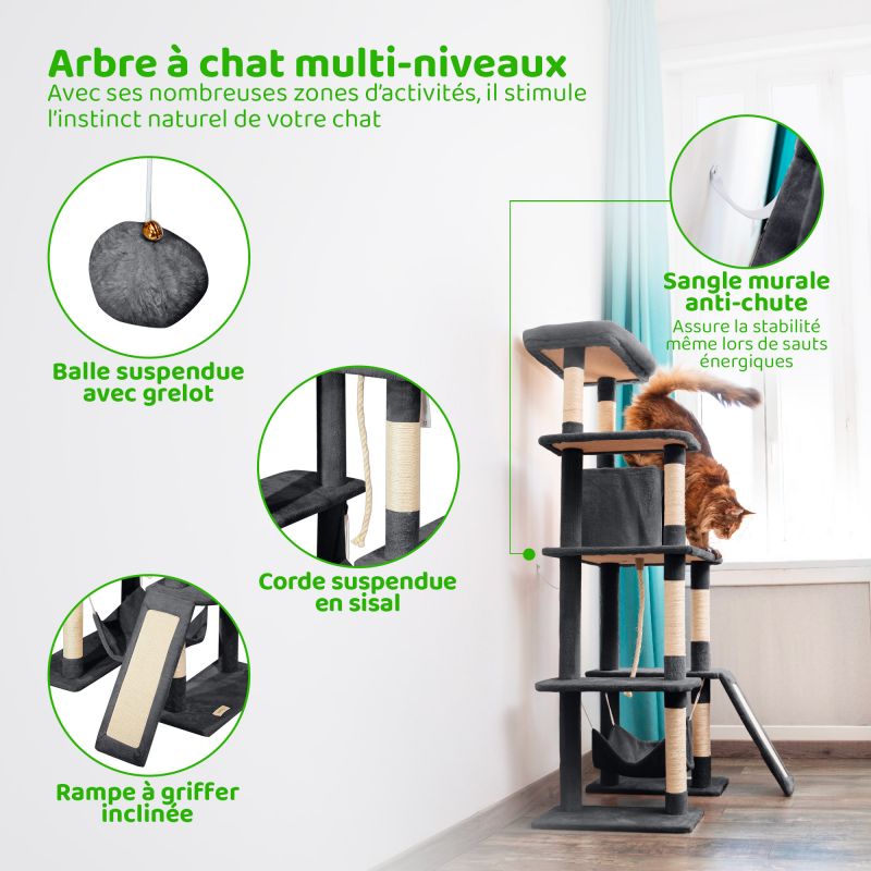 Paitsy Arbre a chat XL gris foncé H 160cm, PAITSY Kobleo Paitsy Arbre a chat XL gris foncé H 160cm, PAITSY Kobleo