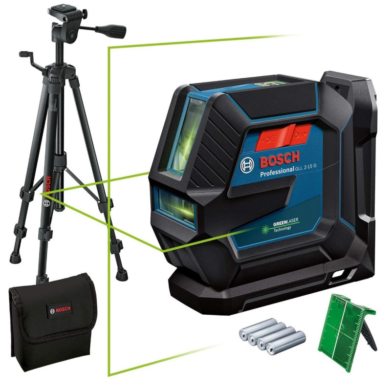 Bosch Laser lignes Bosch GLL 2-15 G Professional avec 4 piles et trépied Kobleo Bosch Laser lignes Bosch GLL 2-15 G Professional avec 4 piles et trépied Kobleo