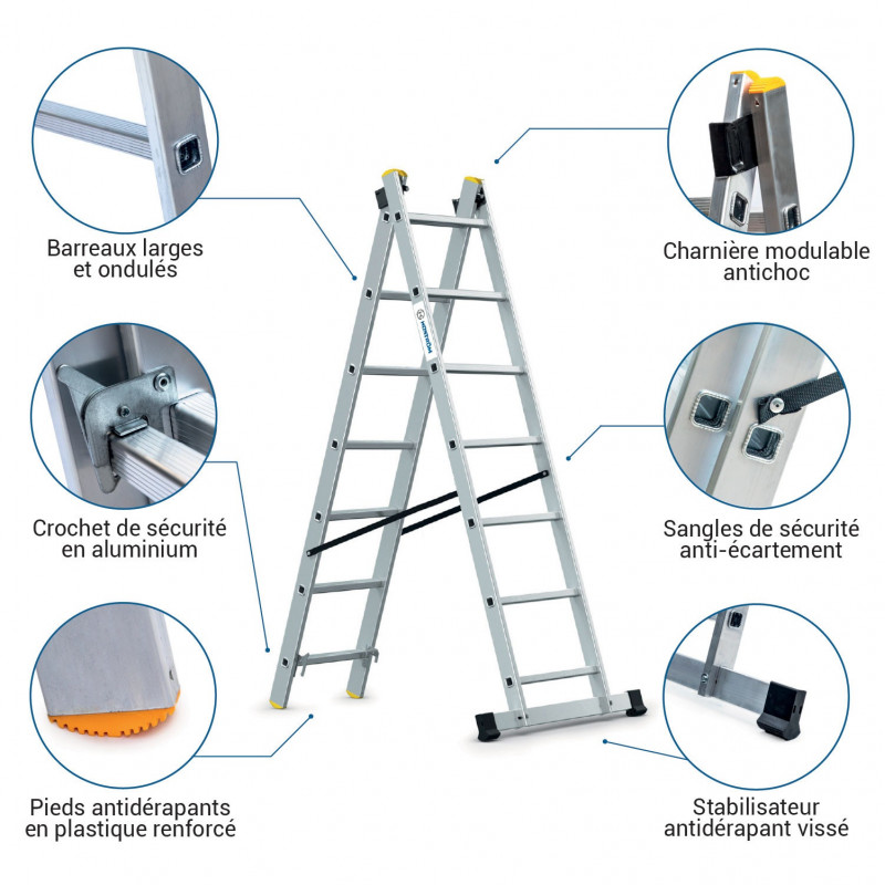 Echelle 2 plans StablePRO 2x7 marches hauteur travail max 4,25m Hostrom