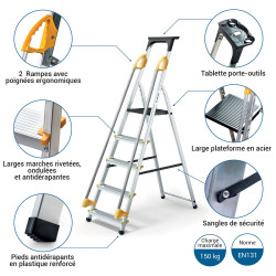 Hoström Escabeau 5 marches DURAMP alu pliable sécurisé plateforme 97cm Hostrom Kobleo