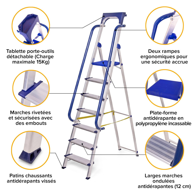Hoström Escabeau 7 marches SECURE pro alu sécurisé plateforme 158cm Hostrom Kobleo Hoström Escabeau 7 marches SECURE pro alu sécurisé plateforme 158cm Hostrom Kobleo
