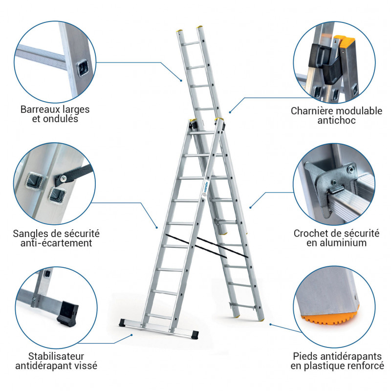 Echelle 3 plans StablePRO 3x9 marches hauteur travail max 6,10m Hostrom