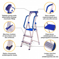Hoström Escabeau 3 marches SECURE pro alu sécurisé plateforme 66cm Hostrom Kobleo
