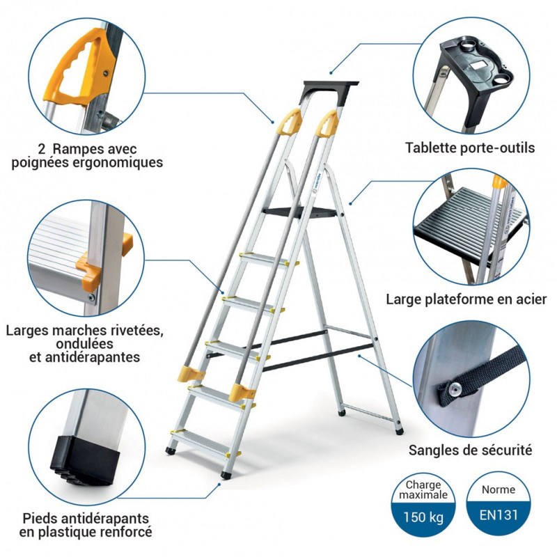 Hoström Escabeau 6 marches DURAMP alu pliable sécurisé plateforme 119cm Hostrom Kobleo Hoström Escabeau 6 marches DURAMP alu pliable sécurisé plateforme 119cm Hostrom Kobleo
