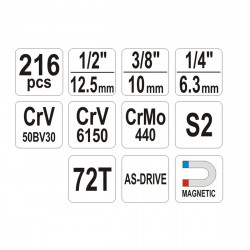 Yato Coffret de douilles 215 pièces Yato YT-38841 1/4"-3/8"-1/2" As-Drive Kobleo