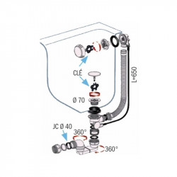 Nicoll Vidage de baignoire à câble Nicoll TBR07 télescopique pré-assemblé 650mm Kobleo