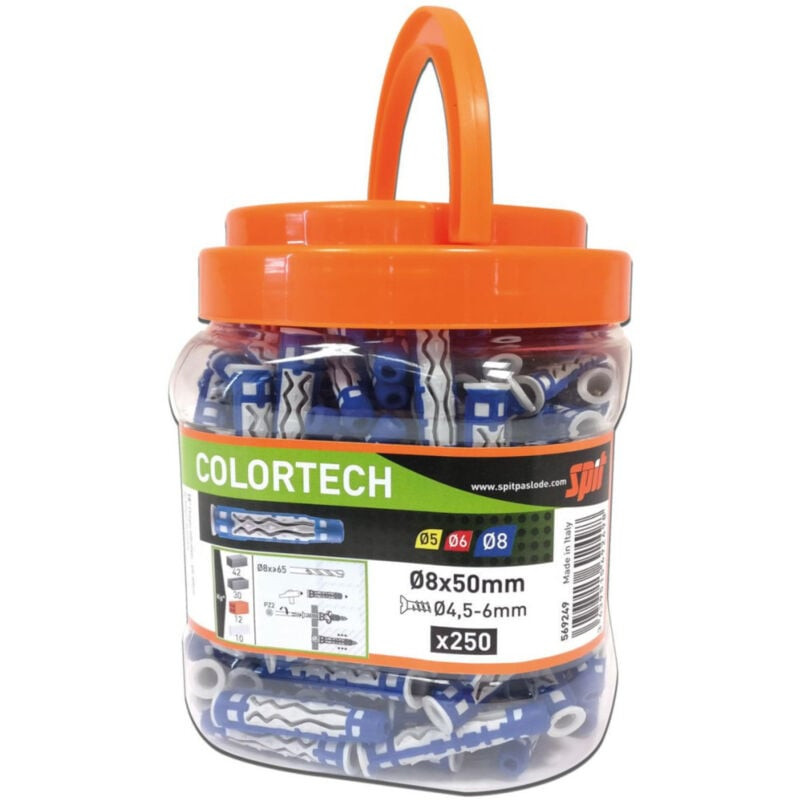 Cheville bi-matière universelle Spit Colortech 8x50mm seau de 250pcs sans vis Kobleo Cheville bi-matière universelle Spit Colortech 8x50mm seau de 250pcs sans vis Kobleo