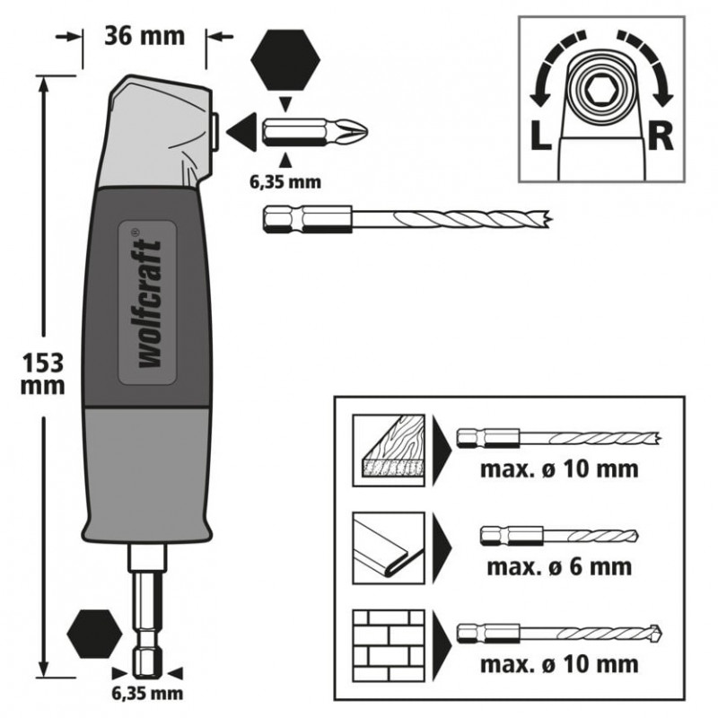 Renvoi d'angle Wolfcraft 15.3cm pour perçage et vissage à 90° 13Nm