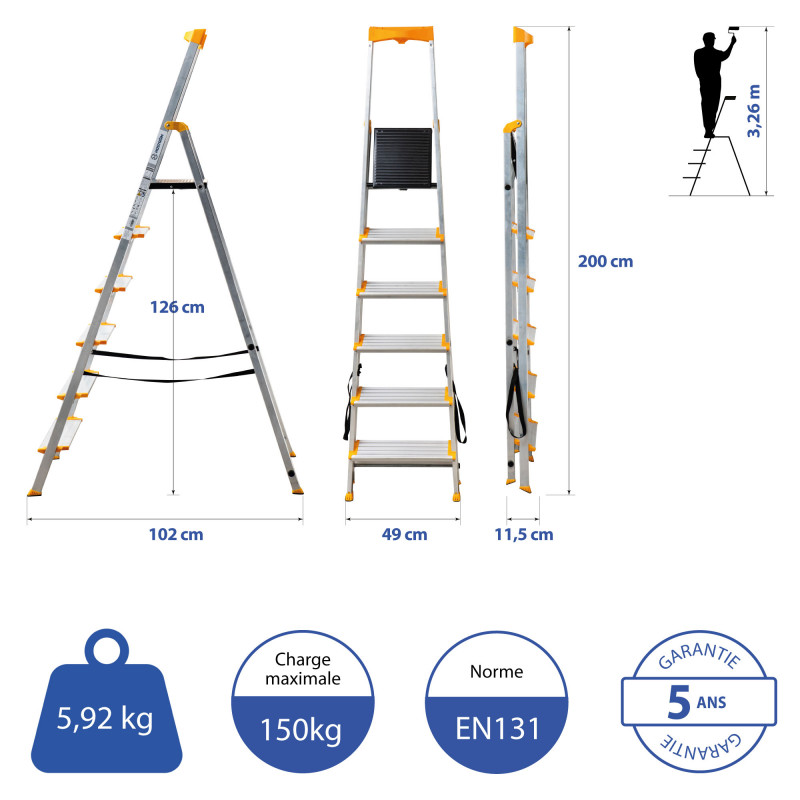 Hoström Escabeau 6 marches KOMSTAX6, aluminium, Hostrom Kobleo