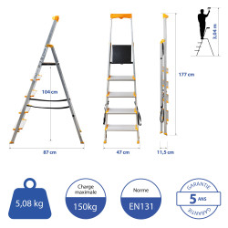 Hoström Escabeau 5 marches KOMSTAX5, aluminium, Hostrom Kobleo