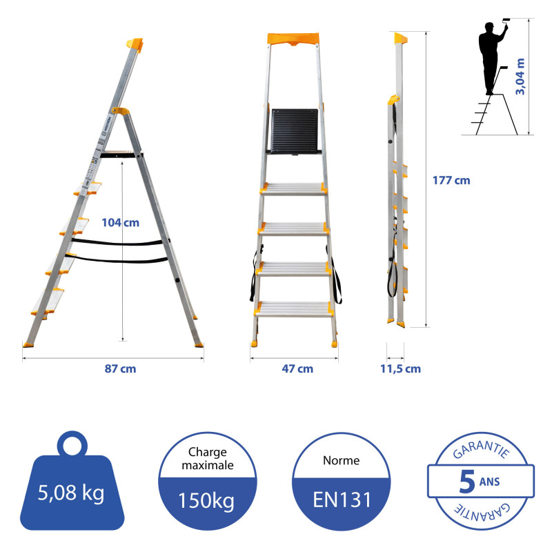 Hoström Escabeau 5 marches KOMSTAX5, aluminium, Hostrom Kobleo