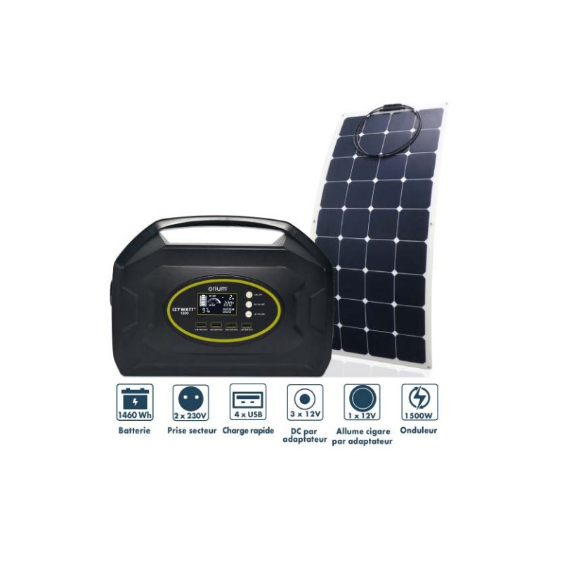 Orium Pack station d'énergie Izywatt 1500 et panneau solaire souple 120W Kobleo Orium Pack station d'énergie Izywatt 1500 et panneau solaire souple 120W Kobleo