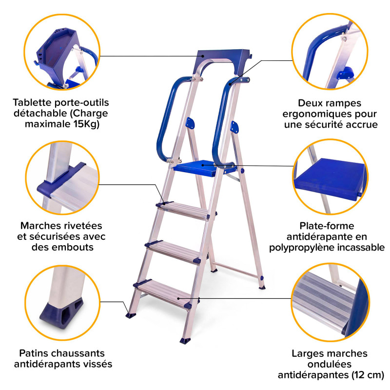 Escabeau 4 marches SECURE pro alu sécurisé plateforme 89cm Hostrom
