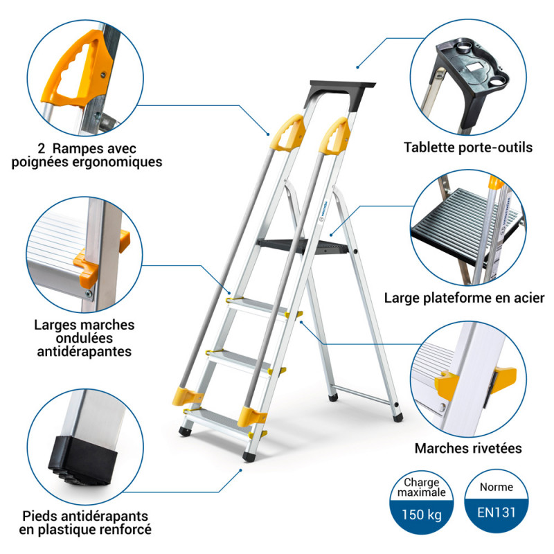 Hoström Escabeau 4 marches DURAMP alu pliable sécurisé plateforme 75cm Hostrom Kobleo