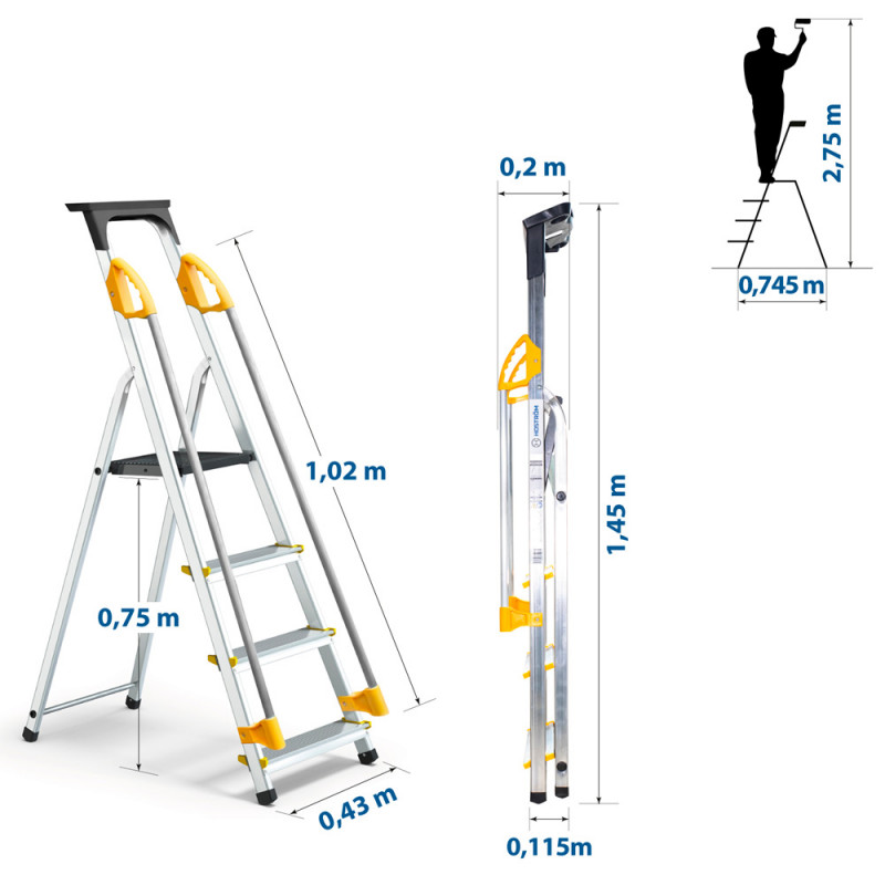 Hoström Escabeau 4 marches DURAMP alu pliable sécurisé plateforme 75cm Hostrom Kobleo