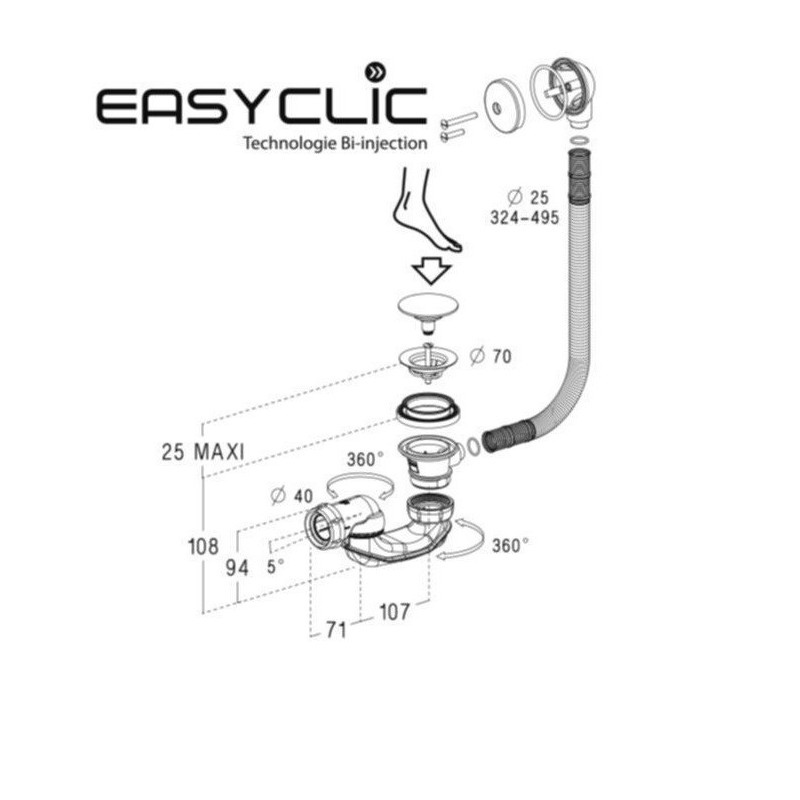 Nicoll Vidage baignoire Nicoll Easyclic commande au pied 650mm Kobleo