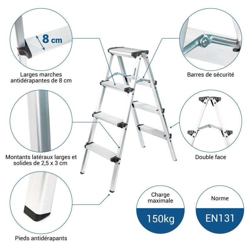 Hoström Escabeau en alu 4 marches Homilix4, pliable, H max travail 2,59m Kobleo