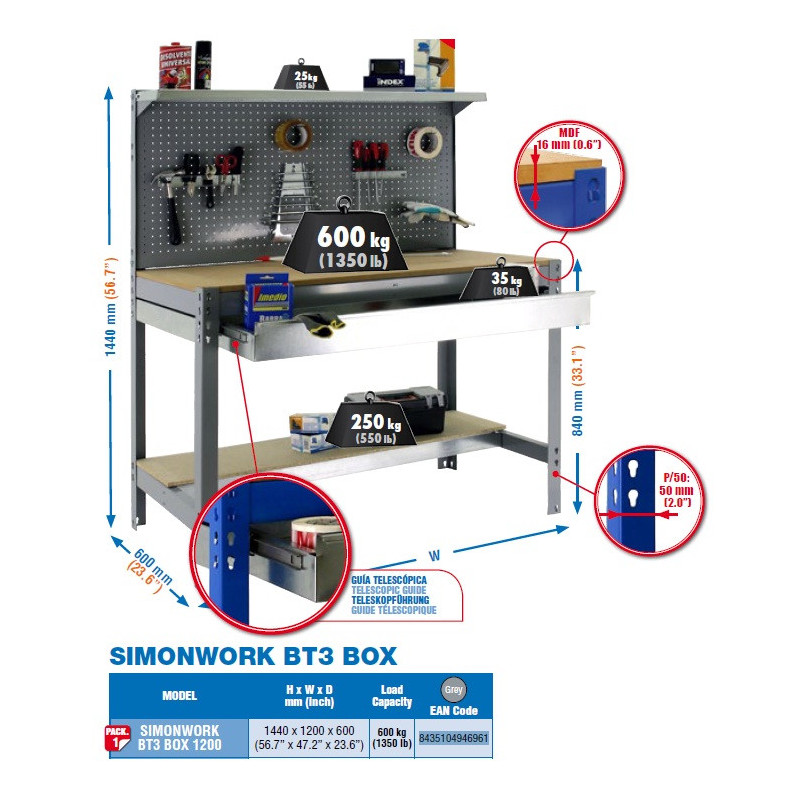 Simon Rack Etabli Simonwork BT3 BOX 1200 gris/bois 1440x1200x600mm SimonRack Kobleo