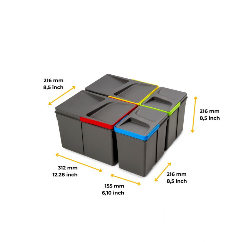Emuca Kit bac de tri sélectif pour tiroirs de cuisine Emuca Recycle 2x12L et 2x6L plastique gris anthracite Kobleo