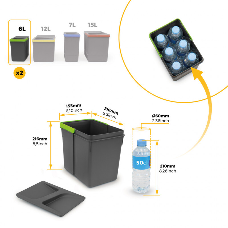 Emuca Kit bac de tri sélectif pour tiroirs de cuisine Emuca Recycle 2x12L et 2x6L plastique gris anthracite Kobleo