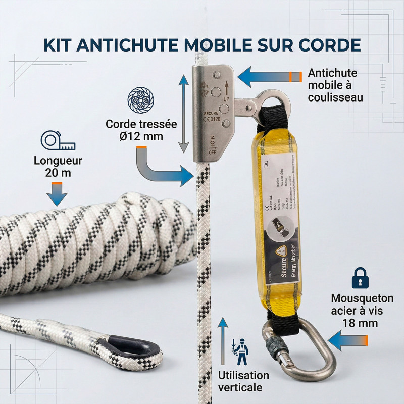 Levac Antichute mobile sur corde Levac D12mm L10m avec absorbeur Kobleo