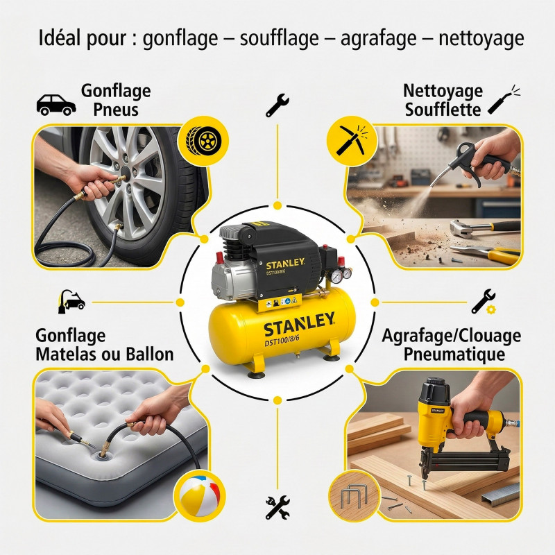 Stanley Compresseur silencieux Stanley DST100/8/6 59dB 100l/min 8bar cuve 6L Kobleo