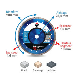 Rubi Disque diamant TVH-200 SUPERPRO matériaux durs 200x25,4x1,6mm Rubi Kobleo
