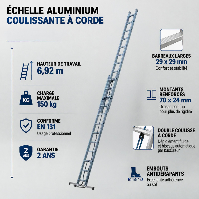 Escalux Echelle Aluminium semi-pro coulissante corde 2x13 Haut travail 692 m E Kobleo