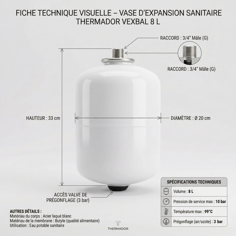 Thermador Vase d'expansion sanitaire Thermador VEXBAL® fixation murale 8L Kobleo