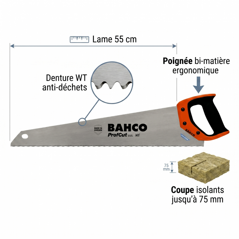 Bahco Scie 55 cm à denture WT pour découper des matériaux isolants PC-22-INS Kobleo