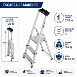 Escalux Escabeau 3 Marches en Aluminium Pliable Pro, Escalux Kobleo
