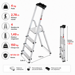 Escabeau 4 Marches en Aluminium Pliable Pro, Escalux