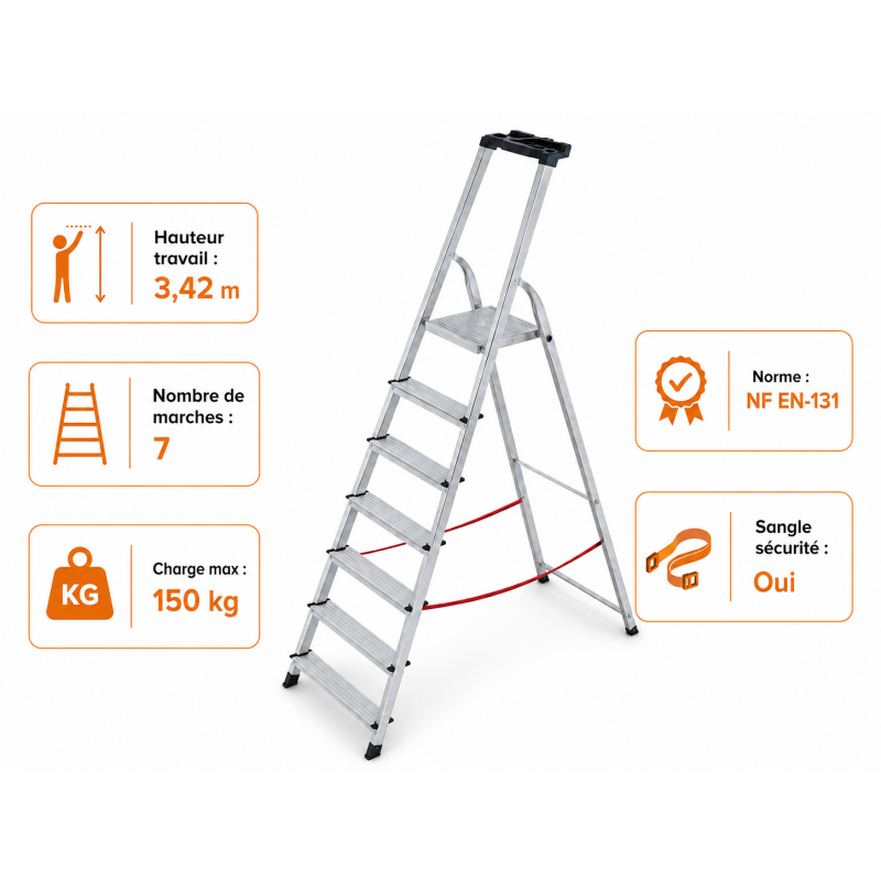 Escabeau 7 Marches en Aluminium Pliable Pro, Escalux