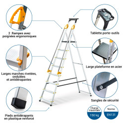 Escabeau 8 marches DURAMP alu pliable sécurisé plateforme 162cm Hostrom