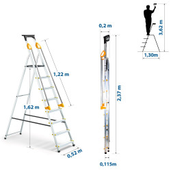 Escabeau 8 marches DURAMP alu pliable sécurisé plateforme 162cm Hostrom
