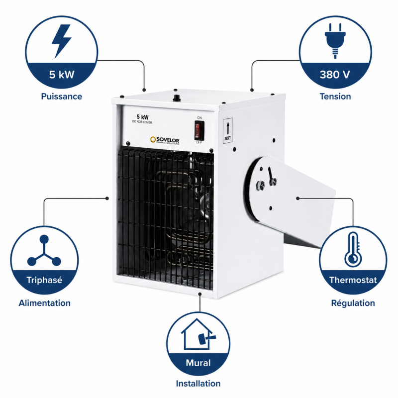Sovelor Chauffage Electrique Mural Soufflant 5 kW Triphase, en Metal, Sovelor Kobleo