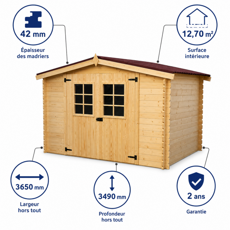 Habrita Foresta Abri de Jardin en Bois Epicea 42 mm Double Rainurage 12,70 m2, Foresta Kobleo
